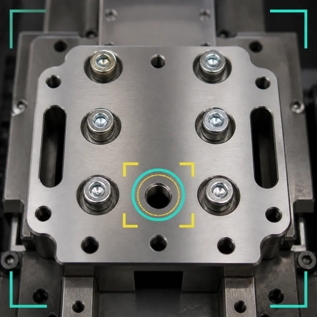 Component verification missing bolt inspection AI component verification image showing a missing bolt or open threaded hole highlighted on a metal fixture.