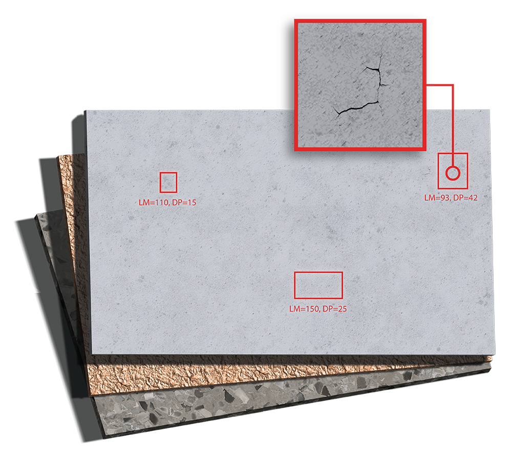 Defectdetect AI-powered inspection highlighting multiple defects on concrete and metallic surfaces with red bounding boxes and zoomed-in crack details.