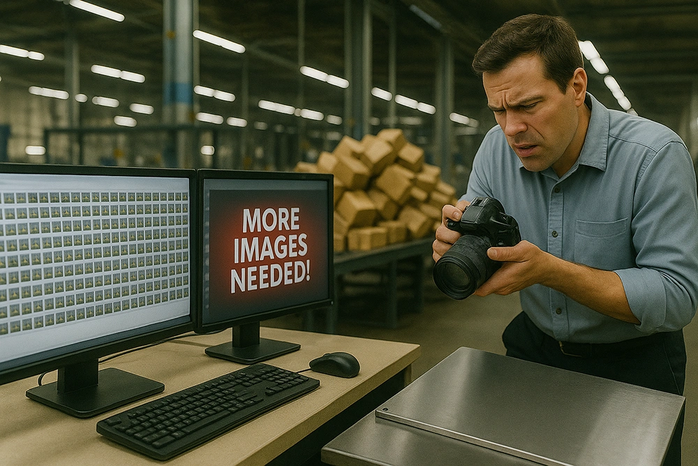 Data collection bottleneck in machine vision ai training Factory engineer struggling to capture more defect images for machine vision system training, with monitor displaying ‘More Images Needed’ message.