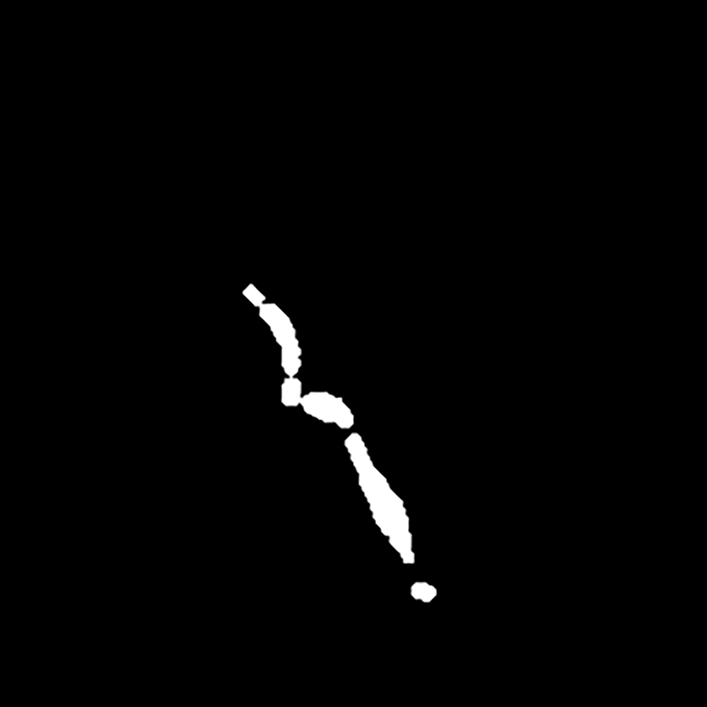 Binary defect mask highlighting a simulated flaw on a metallic surface for AI inspection training.