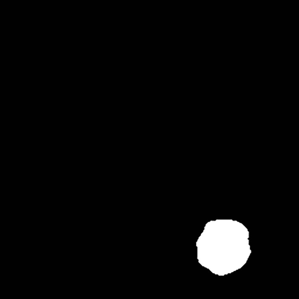 Binary defect mask highlighting a simulated flaw on a metallic surface for AI inspection training.