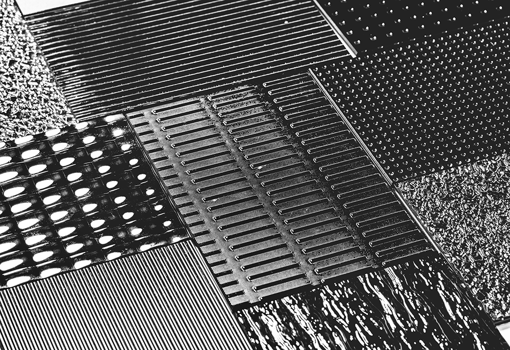 Collection of metallic surface textures showing different embossed and perforated design patterns for manufacturing datasets