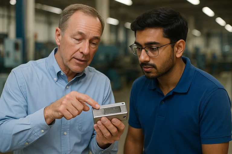 An experienced quality control inspector points out a defect on a metal part to a trainee inside a manufacturing factory, with soft lighting highlighting the scene.