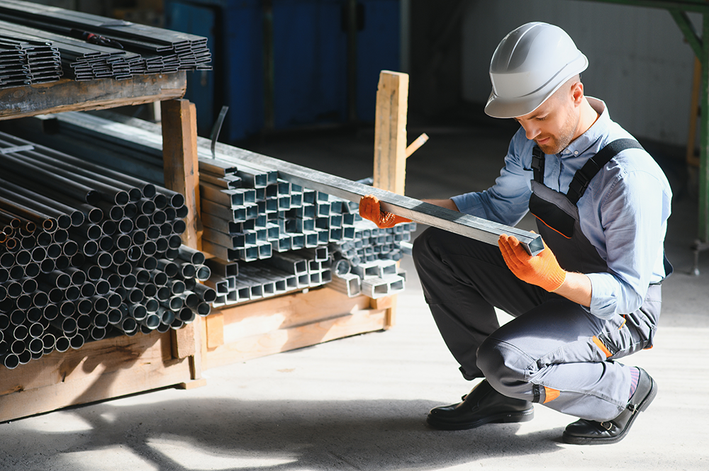 factory worker performing quality assessment by measuring and inspecting the metal profile