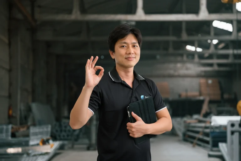 Employee in manufacturing environment gesturing with a smile