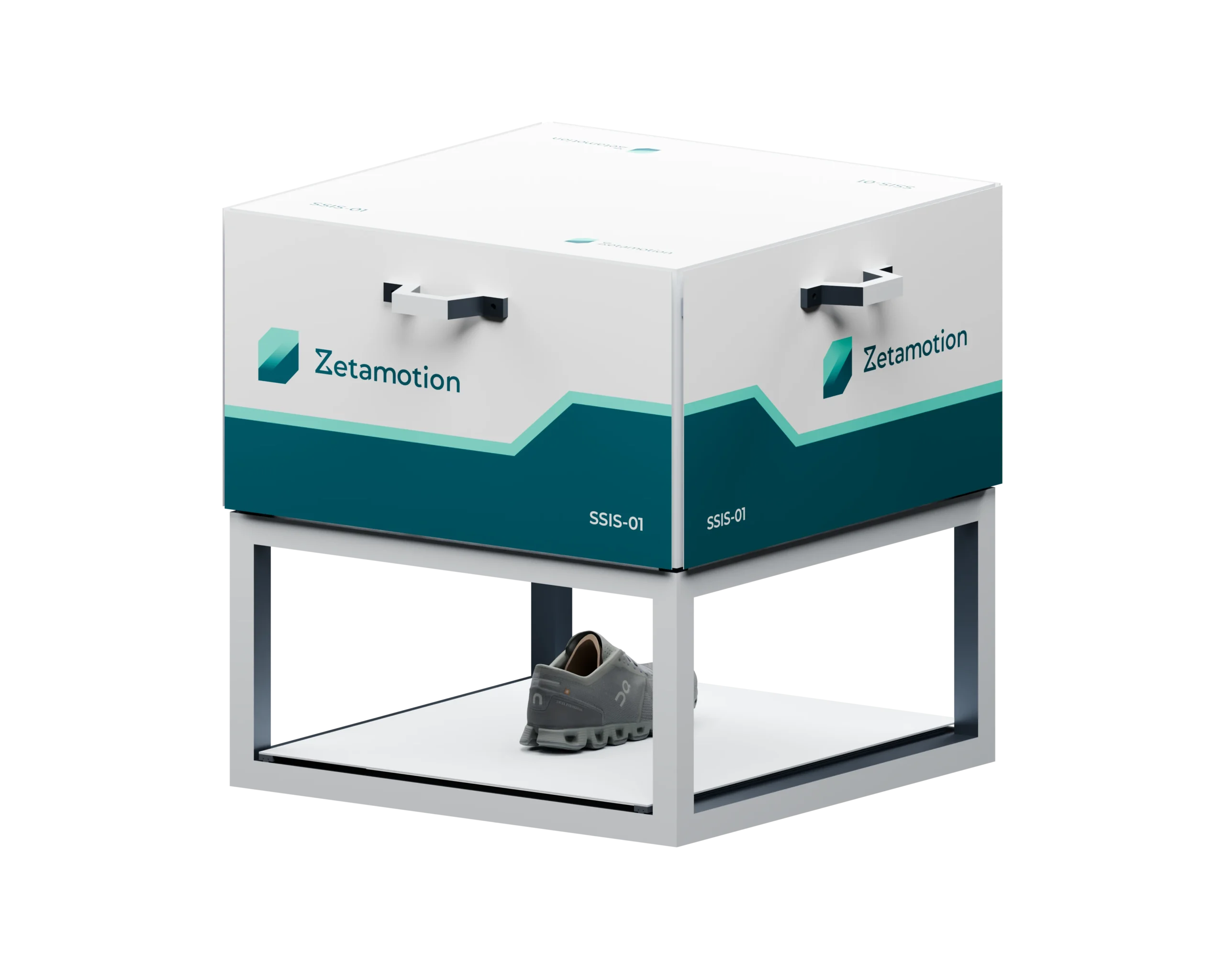 01-stationary-open-cutout White display cabinet with Zetamotion branding and teal geometric stripe, shown on a stand with a single gray athletic shoe on the lower shelf.