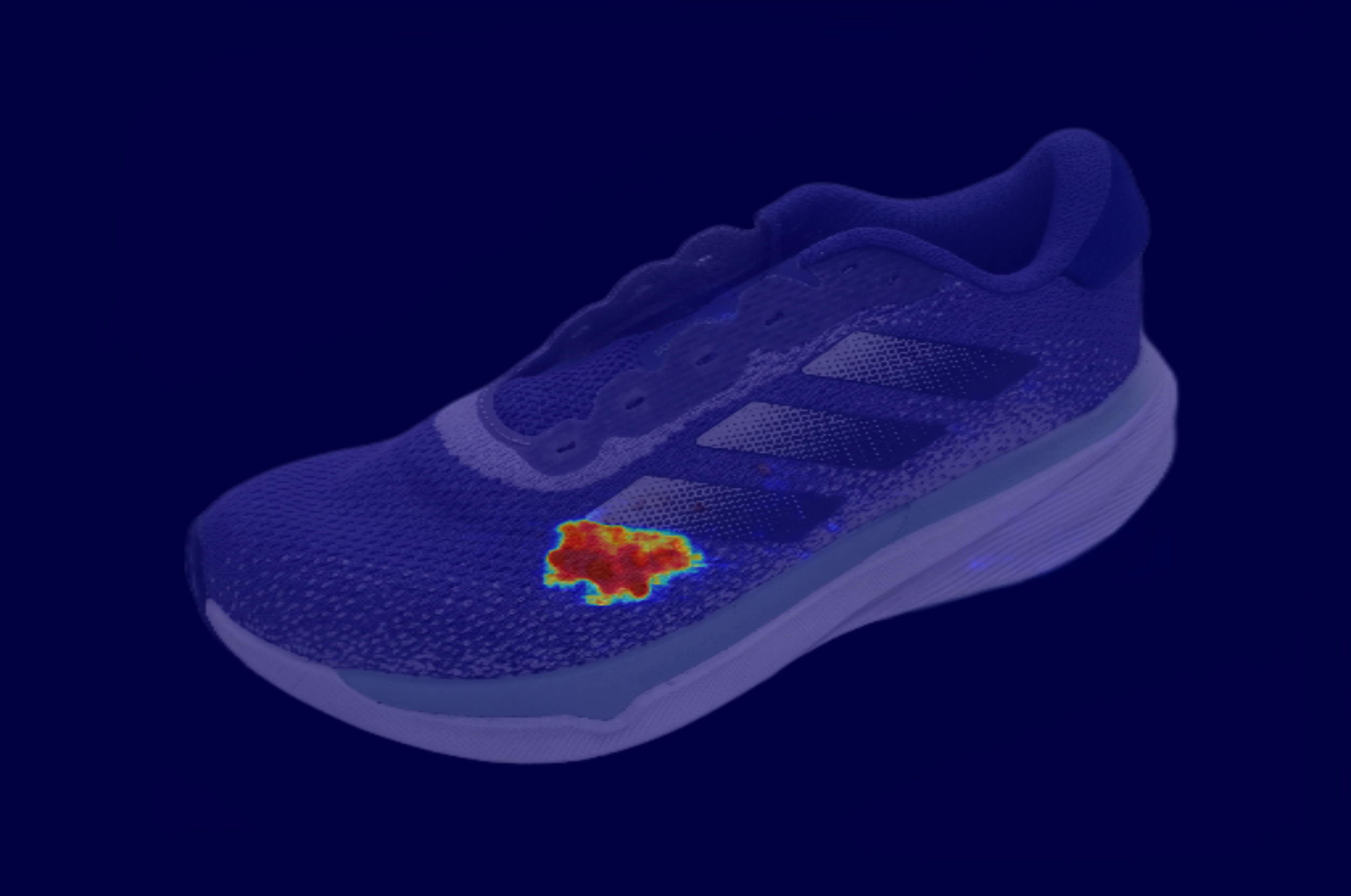 forefoot-surface Running shoe overlaid with a heat map showing a red-yellow hotspot at the toe area, indicating higher pressure.