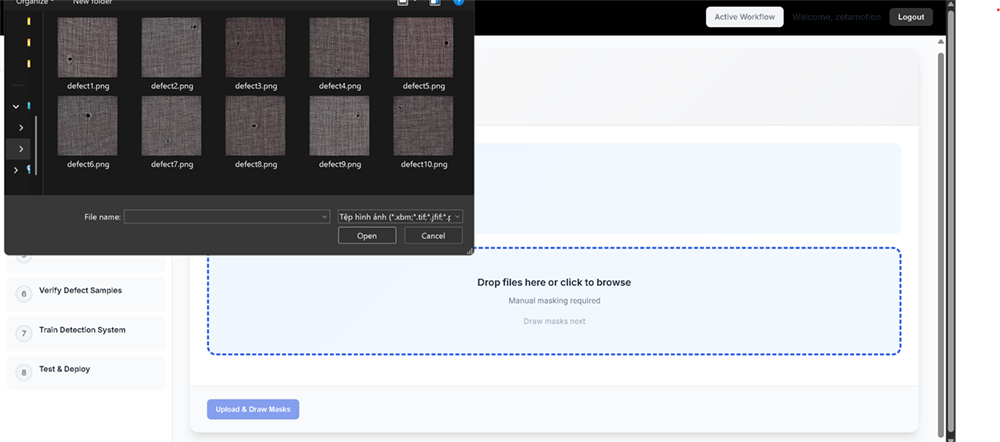 Upload defect sample images demo screenshot ZELIA