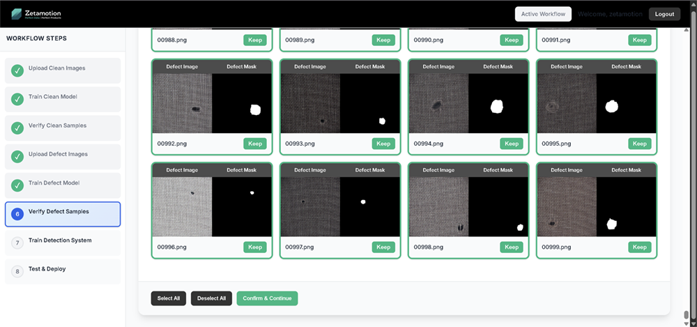 Verify synthetic defect sample data demo screenshot ZELIA