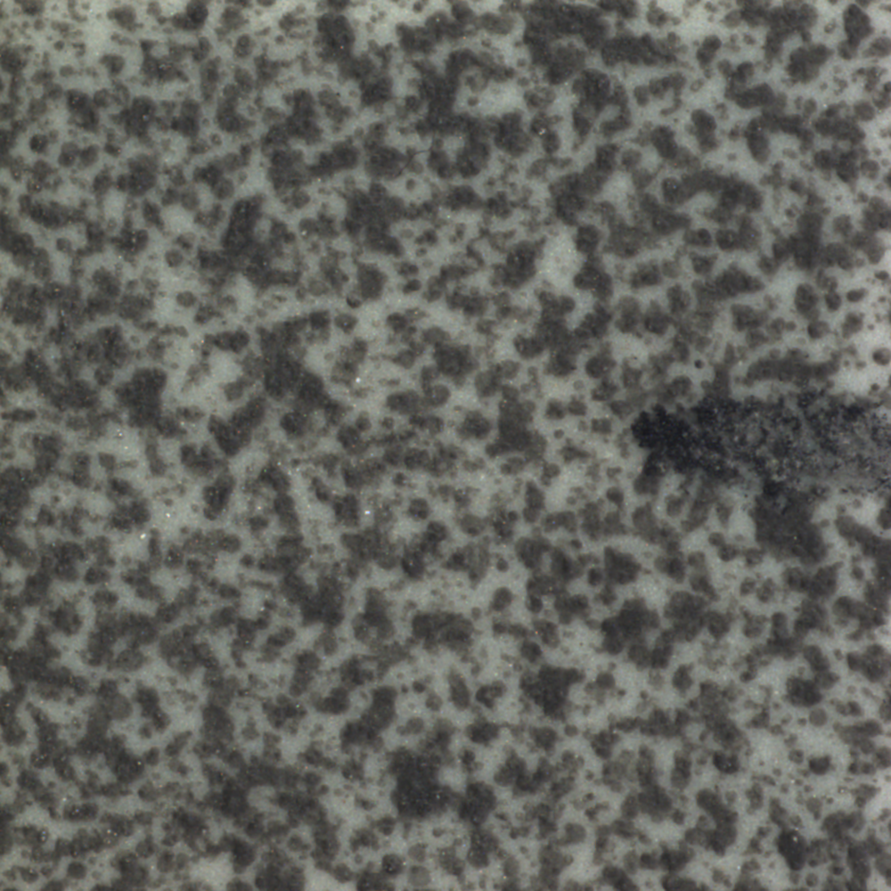 Close-up of a gray granite countertop with irregular black speckles and lighter background.