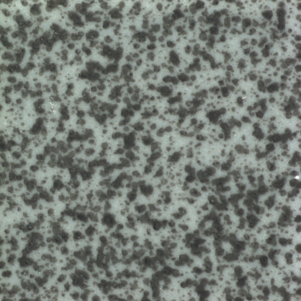 Close-up of a light gray speckled surface with many irregular dark spots scattered across