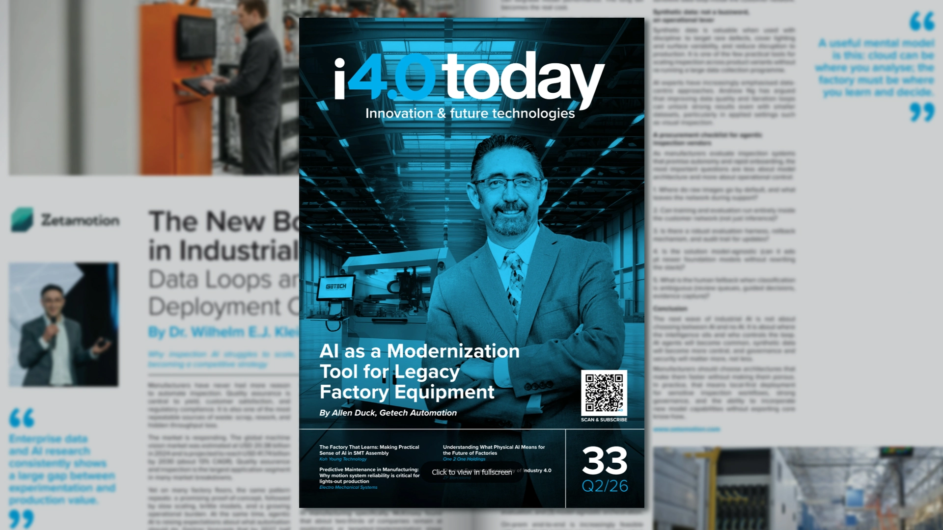 Cover of i40 today magazine: a smiling man in a suit in a blue-toned factory setting, headline 'AI as a Modernization Tool for Legacy Factory Equipment'