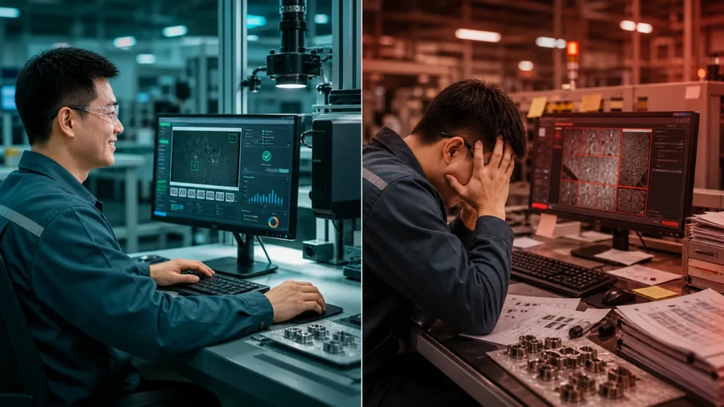 Two technicians in an industrial control room: one at a computer analy Two technicians in an industrial control room: one at a computer analyzing data, the other appears stressed while viewing images on a monitor.