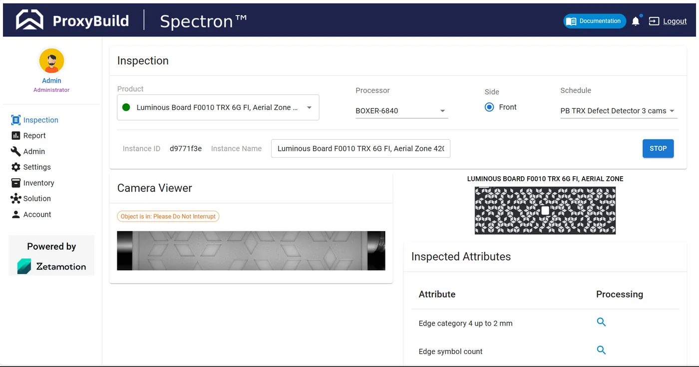 Spectron inspection dashboard showing product selection, camera viewer, inspected attributes, and live inspection controls.