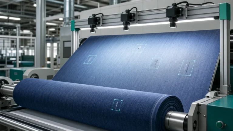 AI fabric inspection station scanning a blue textile roll with camera lighting and defect detection overlays.