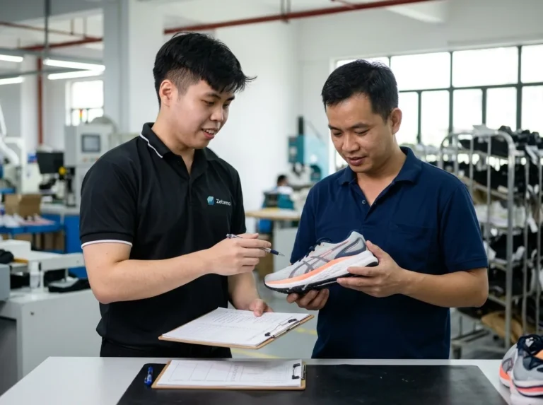Two men in a workshop examine a running shoe; one holds a clipboard and pen while discussing its design ideas with the other holding the shoe.