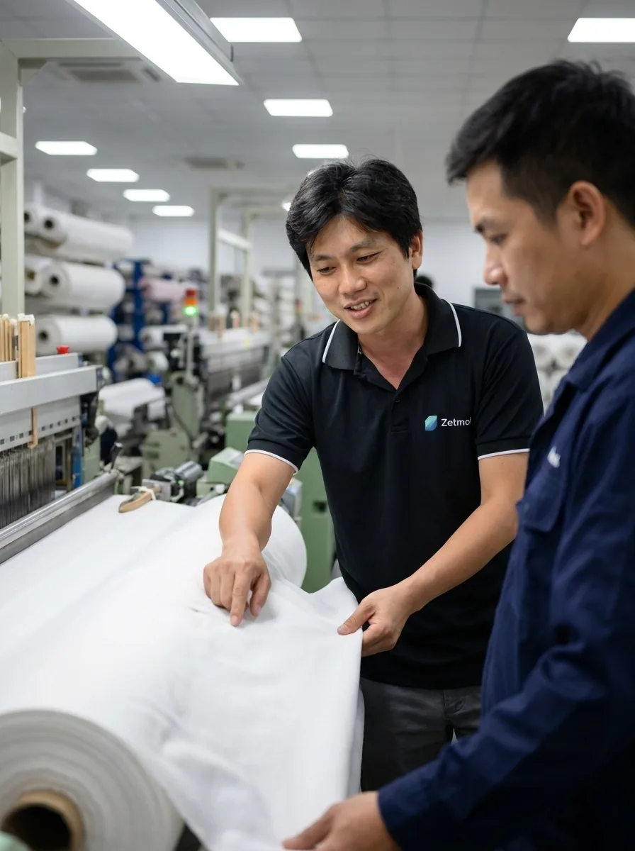 Textile-roll-material-review-white Two workers in a textile factory examine a large white fabric roll on a weaving machine, smiling as they inspect it.