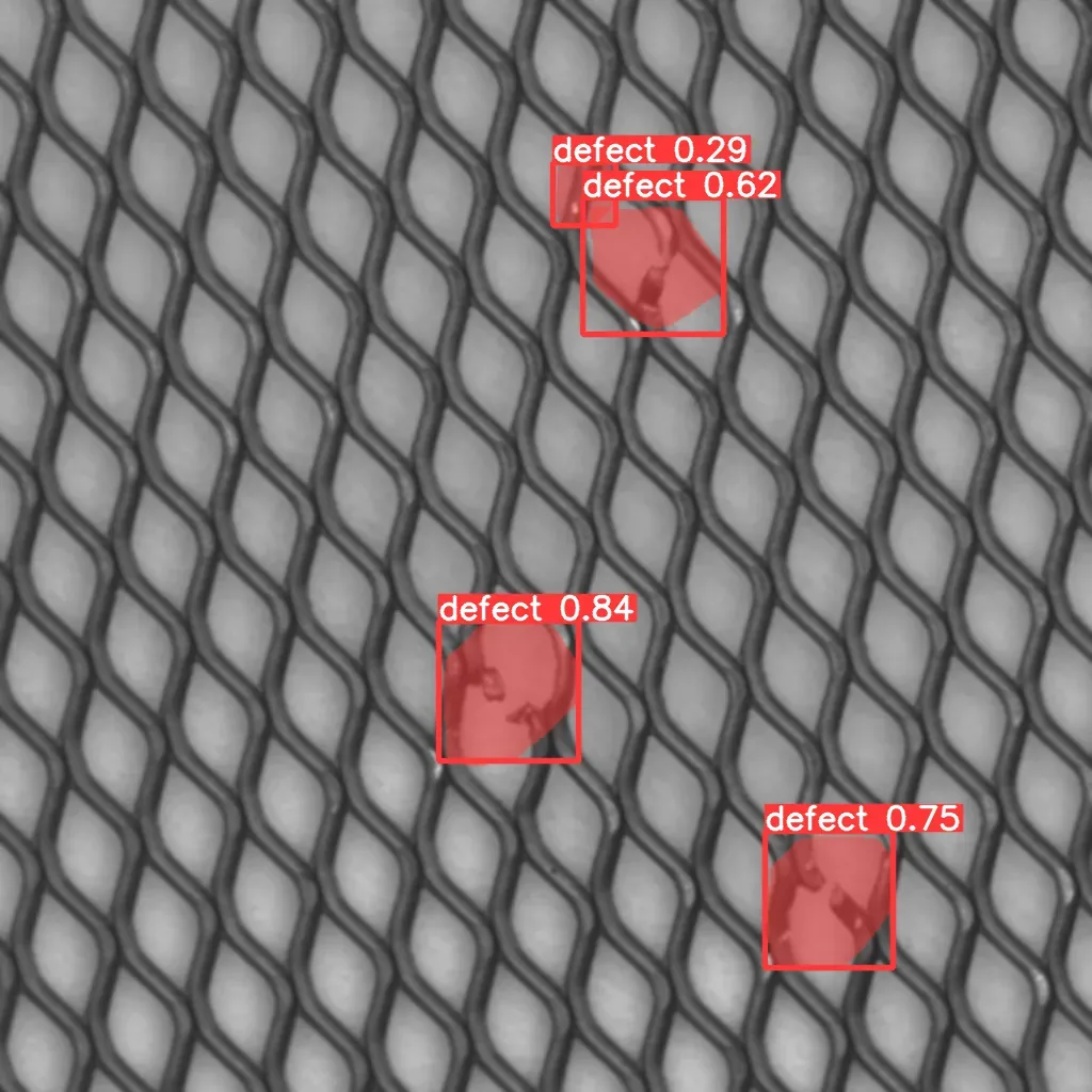 Grid pattern defect detection result with ai overlays AI defect detection result showing red bounding boxes on a repeated metal mesh pattern.