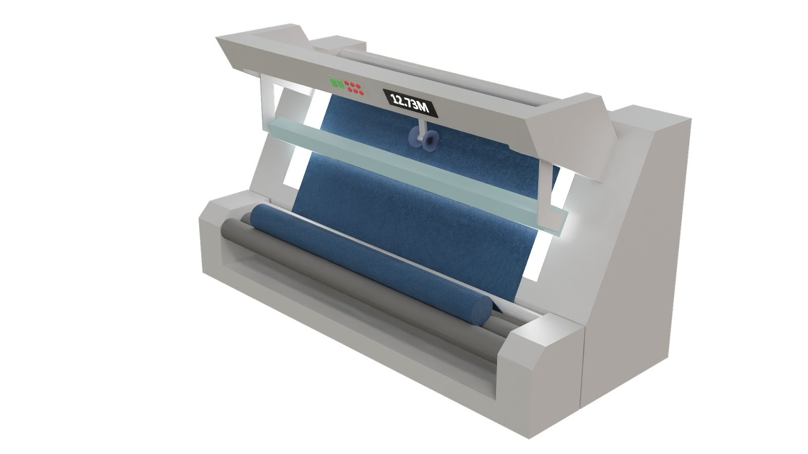 Inspectionmachineangletransparent Angled view of an industrial fabric roll inspection station with blue fabric and a digital roll length readout.