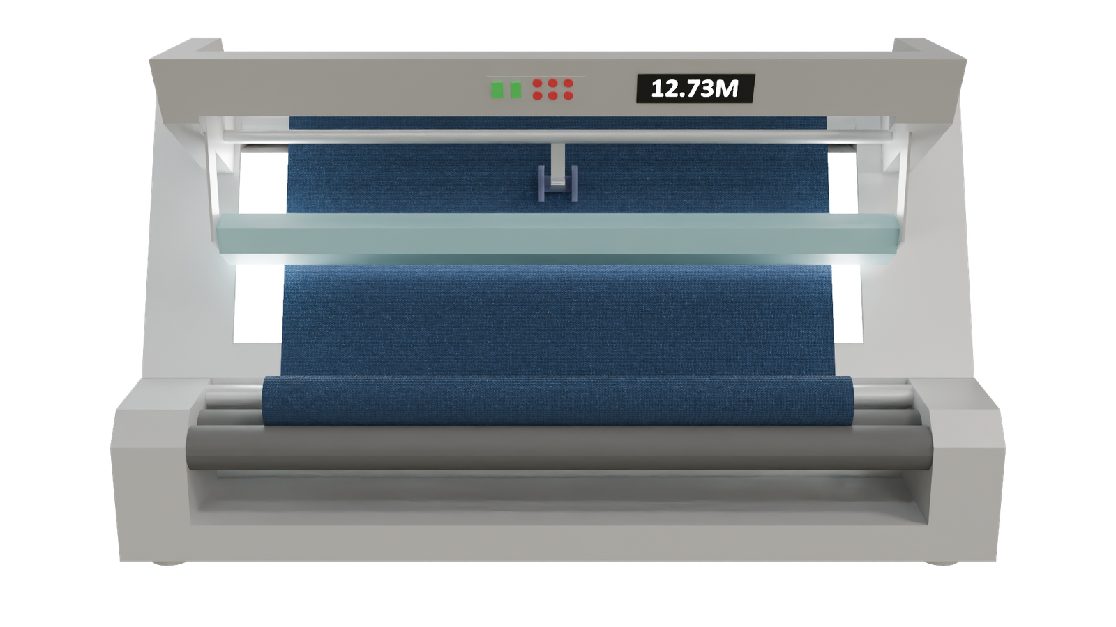Inspectionmachinefronttransparent Front view of a fabric roll inspection machine with blue fabric, lighting, and a roll length display.