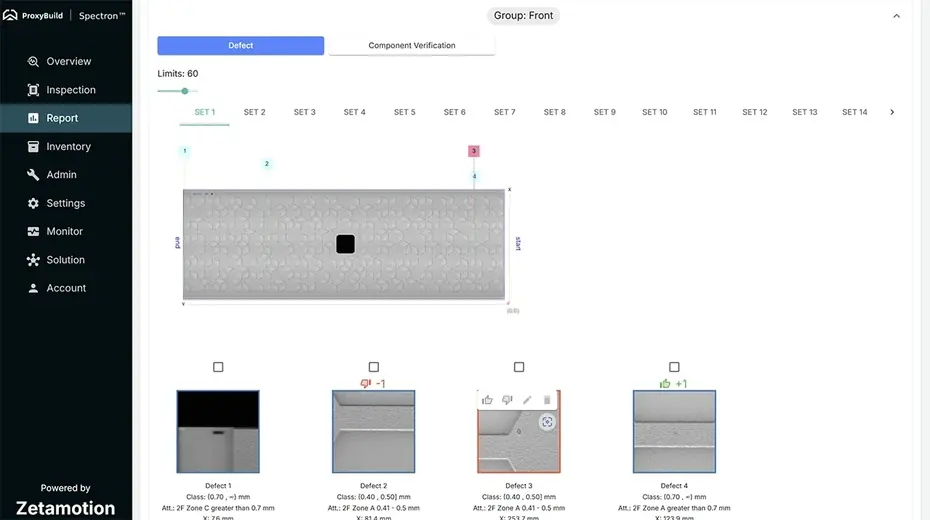Spectron defect report evidence dashboard Spectron defect inspection report interface with image evidence, defect tabs, and thumbnails for review.