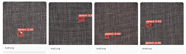 Zelia public demo defect detection result AI defect detection result on a dark fabric texture with a red defect marker and confidence label.